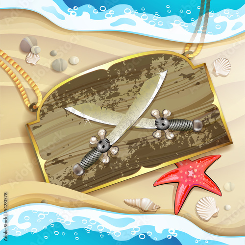 Vector: Wood banner with pirate sword over sand beach Wood banner with pirate sword over sand beach