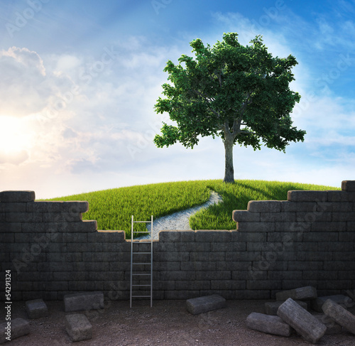 Illustration: Beautiful landscape beyond the wall Beautiful landscape beyond the wall