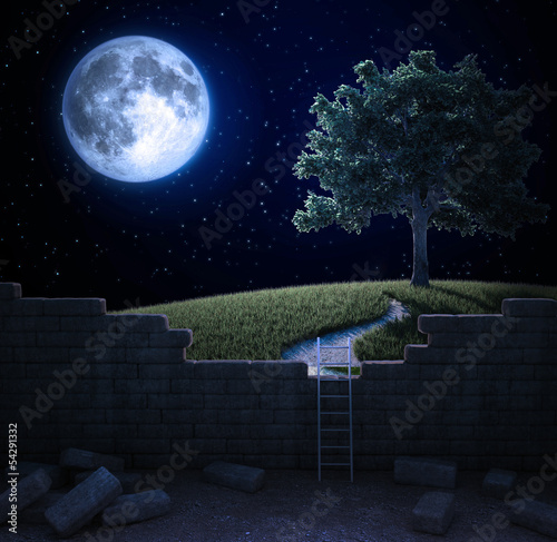 Illustration: Beautiful landscape beyond the wall Beautiful landscape beyond the wall