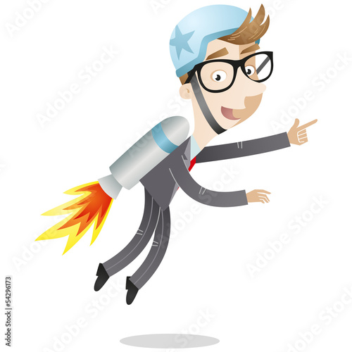 Vector: Businessman, jet pack, flying, pointing Businessman, jet pack, flying, pointing