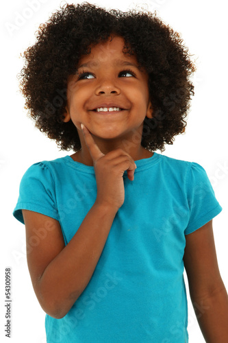 Photo: Adorable Black Girl Child Thinking Gesture and Smiling Over Whit Adorable Black Girl Child Thinking Gesture and Smiling Over Whit