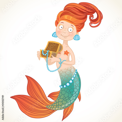 Illustration: Cute mermaid holding a chest with pearls Cute mermaid holding a chest with pearls