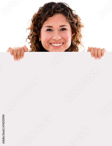 Photo: Happy woman holding banner Happy woman holding banner