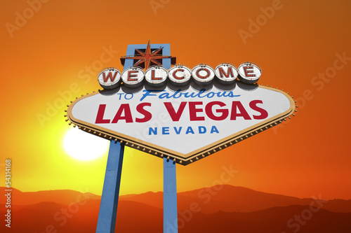 Photo: Las Vegas Welcome Sign with Desert Sunset Las Vegas Welcome Sign with Desert Sunset