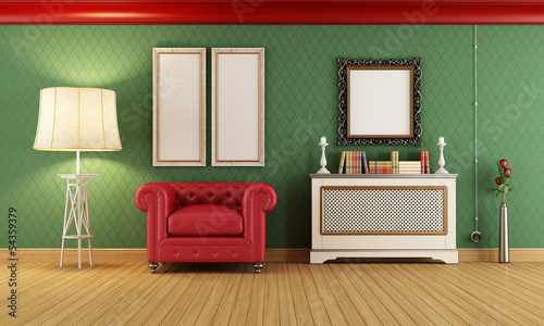 Illustration: Vintage room with red classic armchair Vintage room with red classic armchair