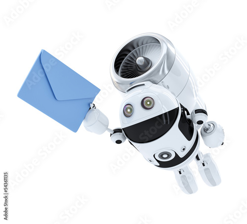 Illustration: Android robot flying with envelppe. E-mail delivery concept. Android robot flying with envelppe. E-mail delivery concept.