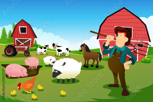Vector: Farmer and tractor in a farm with farm animals and barn Farmer and tractor in a farm with farm animals and barn