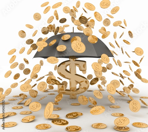 Illustration: umbrella in the rain of coins. 3d illustration on white umbrella in the rain of coins. 3d illustration on white