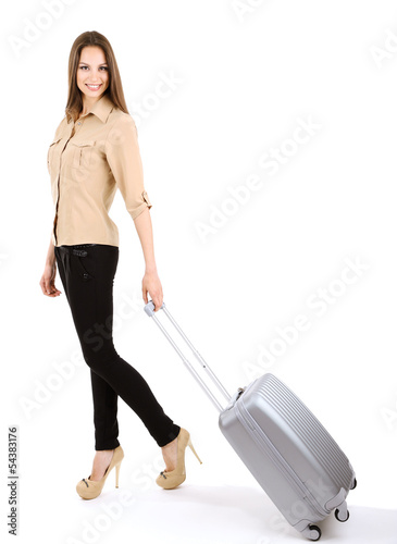 Photo: Young businesswoman with suitcase isolated on white Young businesswoman with suitcase isolated on white