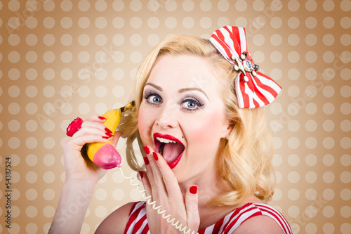 Photo: Woman on banana telephone. Health eating news Woman on banana telephone. Health eating news