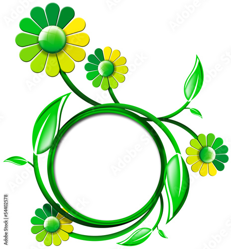 Illustration: Green Banner with Leaves and Flowers Green Banner with Leaves and Flowers