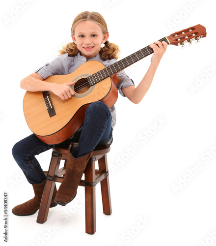 Photo: Beautiful ten year old with acoustic guitar over white with clip Beautiful ten year old with acoustic guitar over white with clip