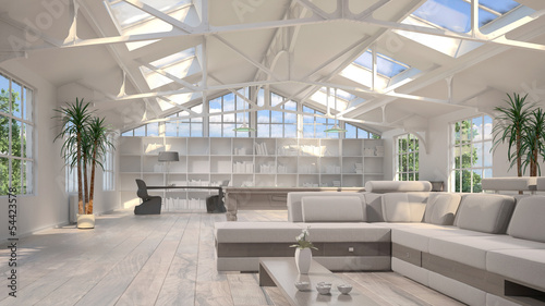 Illustration: White sunny loft with huge windows and furniture White sunny loft with huge windows and furniture