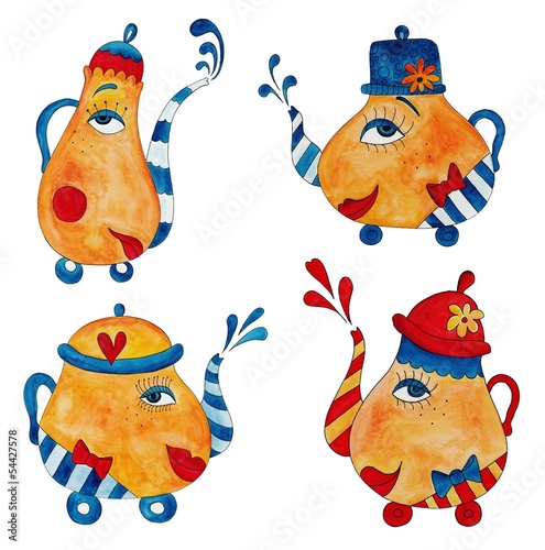 Illustration: Teapots. Ink and watercolors on paper Teapots. Ink and watercolors on paper