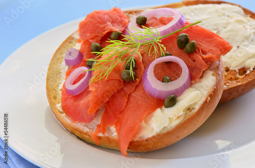 Photo: Smoked salmon lox on Asiago cheese bagel Smoked salmon lox on Asiago cheese bagel