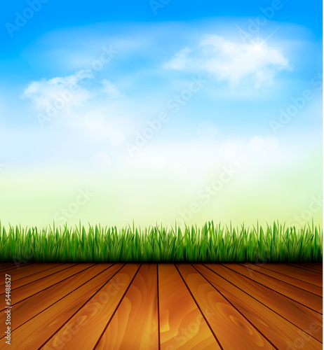 Vector: Background with wood and grass. Vector. Background with wood and grass. Vector.