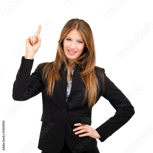 Photo: Businesswoman pointing her finger up Businesswoman pointing her finger up