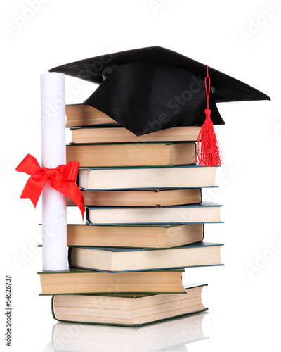 Photo: Grad hat with diploma and books isolated on white Grad hat with diploma and books isolated on white