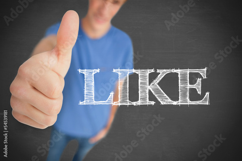 Illustration: Young man giving his thumb up next to the word like Young man giving his thumb up next to the word like