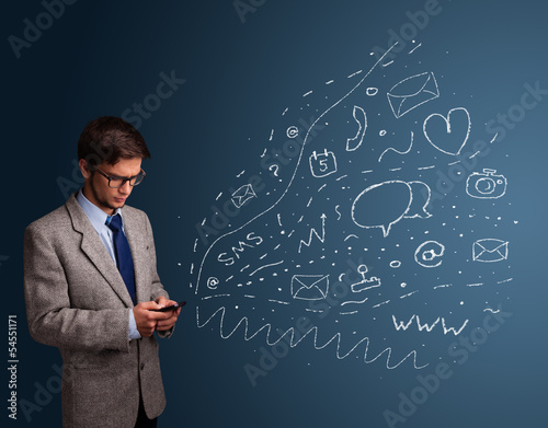 Photo: Boy typing on smartphone with various modern technology icons Boy typing on smartphone with various modern technology icons