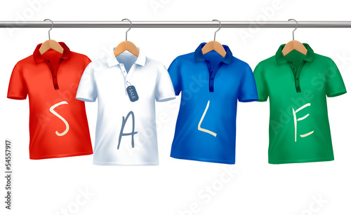 Vector: Shirts with price tags hanging on hangers. Concept of discount s Shirts with price tags hanging on hangers. Concept of discount s