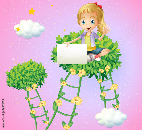 Vector: A girl holding an empty signboard sitting at the top of a plant A girl holding an empty signboard sitting at the top of a plant