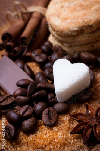Photo: Various kinds of sugar, nuts and coffee beans Various kinds of sugar, nuts and coffee beans