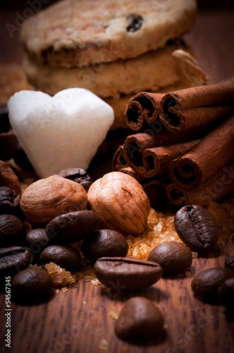 Photo: Various kinds of sugar, nuts and coffee beans Various kinds of sugar, nuts and coffee beans