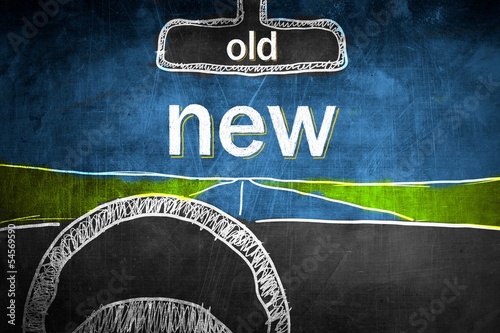 Photo: Old and new concept inside car, chalk sketch Old and new concept inside car, chalk sketch