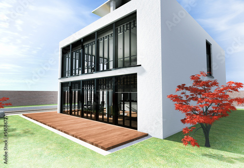 Illustration: Haus mit Dachterrasse in weiß Haus mit Dachterrasse in weiß