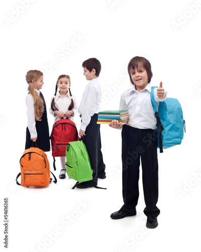 Photo: Friends reunite in school - back to school concept Friends reunite in school - back to school concept