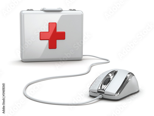 Illustration: Online first aid. Mose and medical kit. Online first aid. Mose and medical kit.