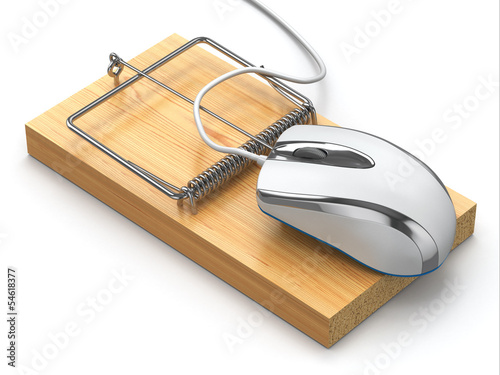 Illustration: Concept of internet security. Computer mouse and mousetrap. Concept of internet security. Computer mouse and mousetrap.