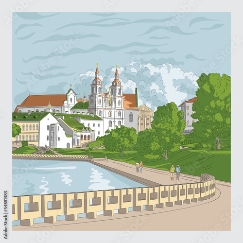 Vector: Vector sketch of a old town, cityscape with church and river Vector sketch of a old town, cityscape with church and river