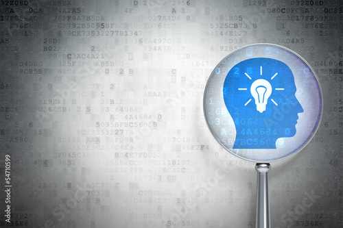 Illustration: Advertising concept: Head With Light Bulb with optical glass on Advertising concept: Head With Light Bulb with optical glass on