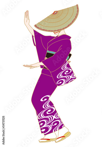 Illustration: おけさ笠で盆踊りする女性 おけさ笠で盆踊りする女性