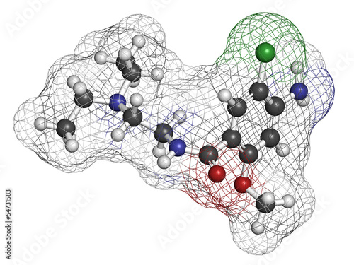 Illustration: Metoclopramide nausea and vomiting treatment drug. Metoclopramide nausea and vomiting treatment drug.