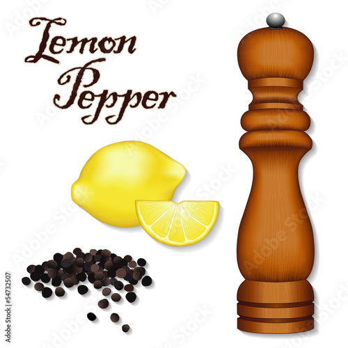 Illustration: Lemon Pepper, whole black peppercorns, wood mill, spice grinder Lemon Pepper, whole black peppercorns, wood mill, spice grinder