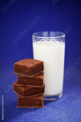 Photo: Chocolate brownie and glass of milk, selective focus Chocolate brownie and glass of milk, selective focus
