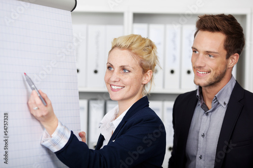 Photo: geschäftsfrau schreibt am flipchart geschäftsfrau schreibt am flipchart