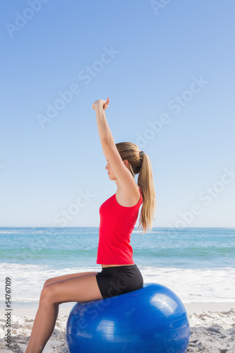 Photo: Fit woman sitting on exercise ball stretching arms Fit woman sitting on exercise ball stretching arms