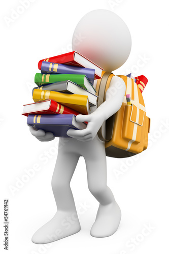 Illustration: 3D white people. Student carrying a stack of books 3D white people. Student carrying a stack of books