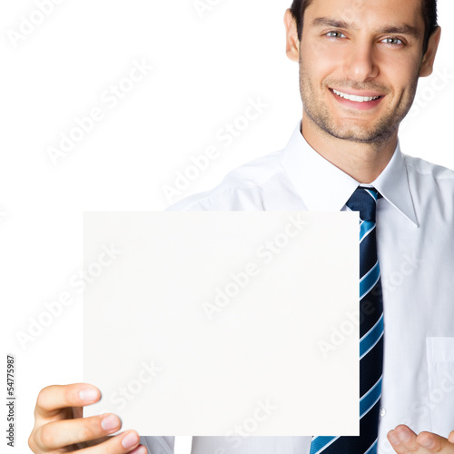 Photo: Businessman showing signboard, isolated Businessman showing signboard, isolated