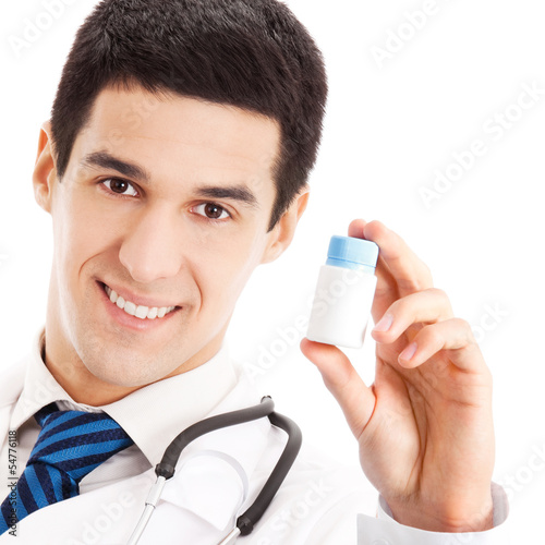 Photo: Doctor showing medical drug, on white Doctor showing medical drug, on white