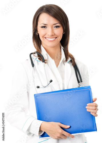 Photo: Cheerful doctor with blue folder, over white Cheerful doctor with blue folder, over white