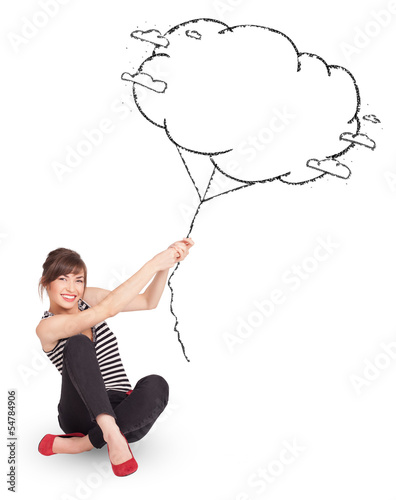 Photo: Young lady holding cloud balloon drawing Young lady holding cloud balloon drawing