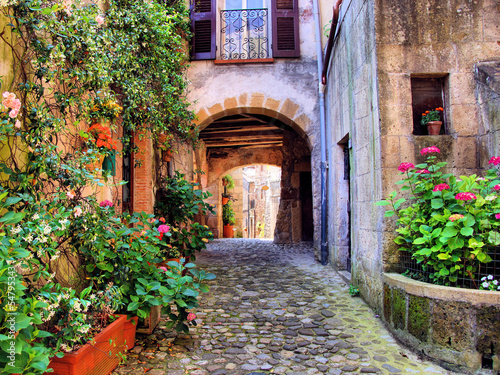  Arched cobblestone street in a Tuscan village, Italy