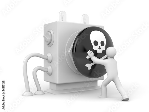 Illustration: Person push button with skull sign Person push button with skull sign