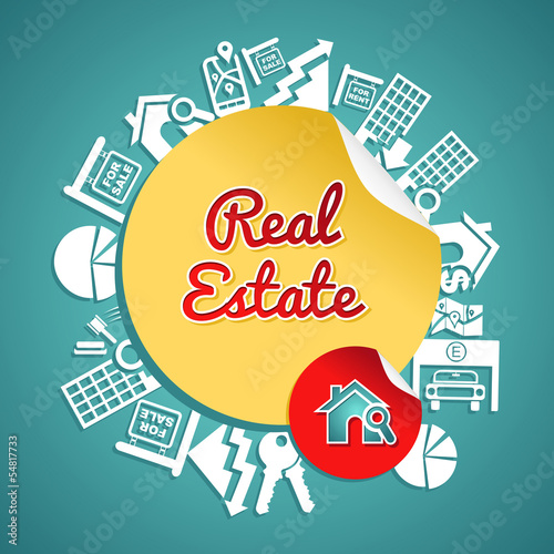 Vector: Real estate circle, vintage text house magnifying glass symbols. Real estate circle, vintage text house magnifying glass symbols.