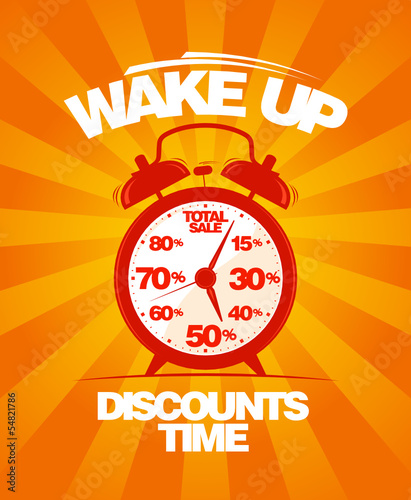 Vector: Wake up, discounts time. Sale design template with alarm clock Wake up, discounts time. Sale design template with alarm clock